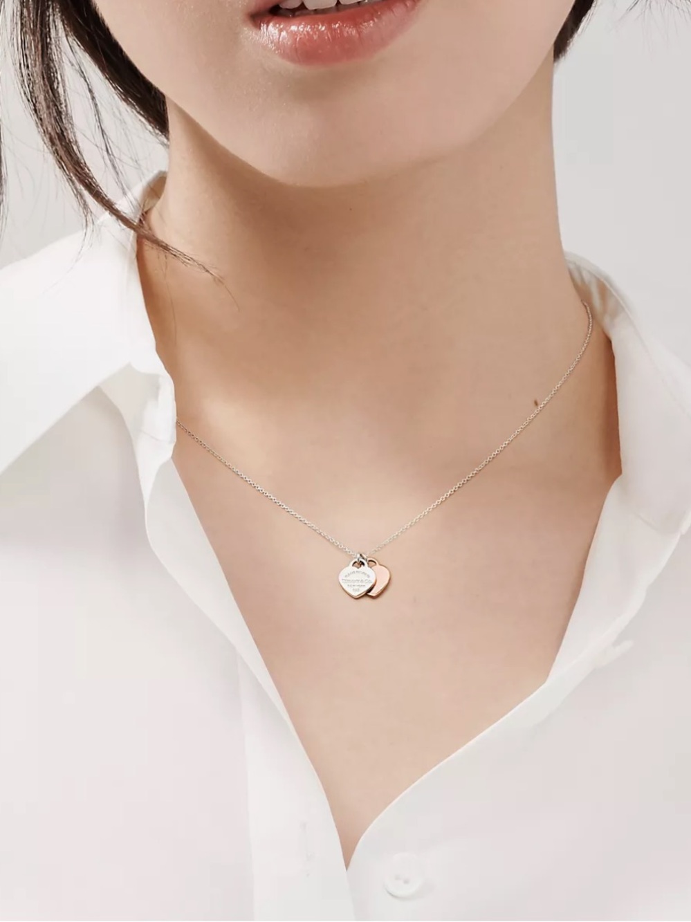 Double Heart Tag Pendant in Silver and Rose Gold, Mini